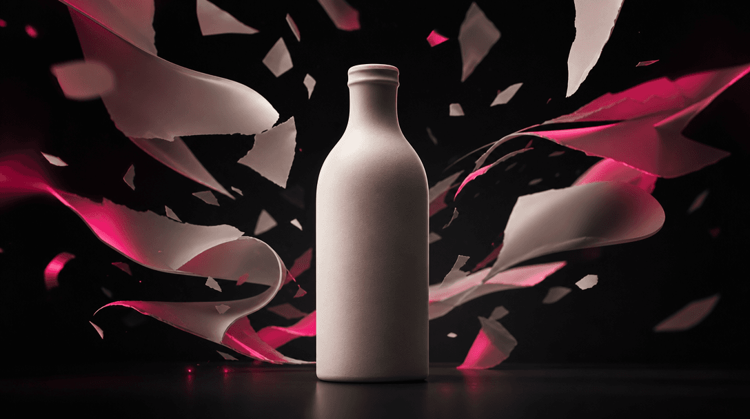 A single pristine product silhouette represented by an unbranded ceramic bottle on a seamless black studio surface, surr