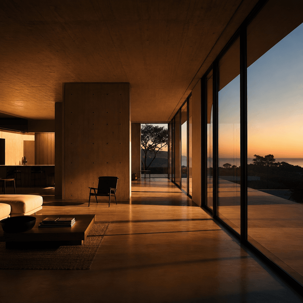 Modernist interior architecture at dusk: warm interior light spilling through floor-to-ceiling windows, long horizontal 