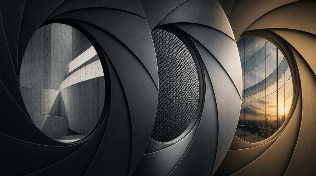Wide abstract editorial image of layered aperture rings dissolving into each other, each framing a different architectur