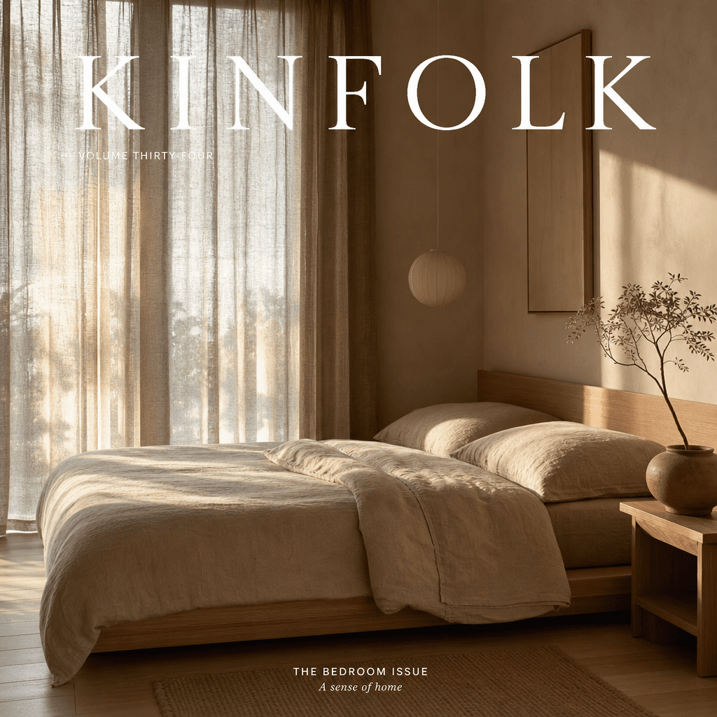 Serene minimalist bedroom with soft linen curtains in warm taupe, morning light filtering through fabric, platform bed w