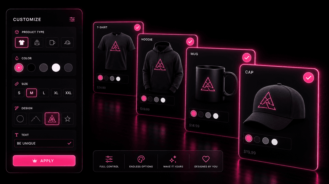 Multiple product icons arranged in a cascading pattern, each glowing with selection indicators, representing customizati