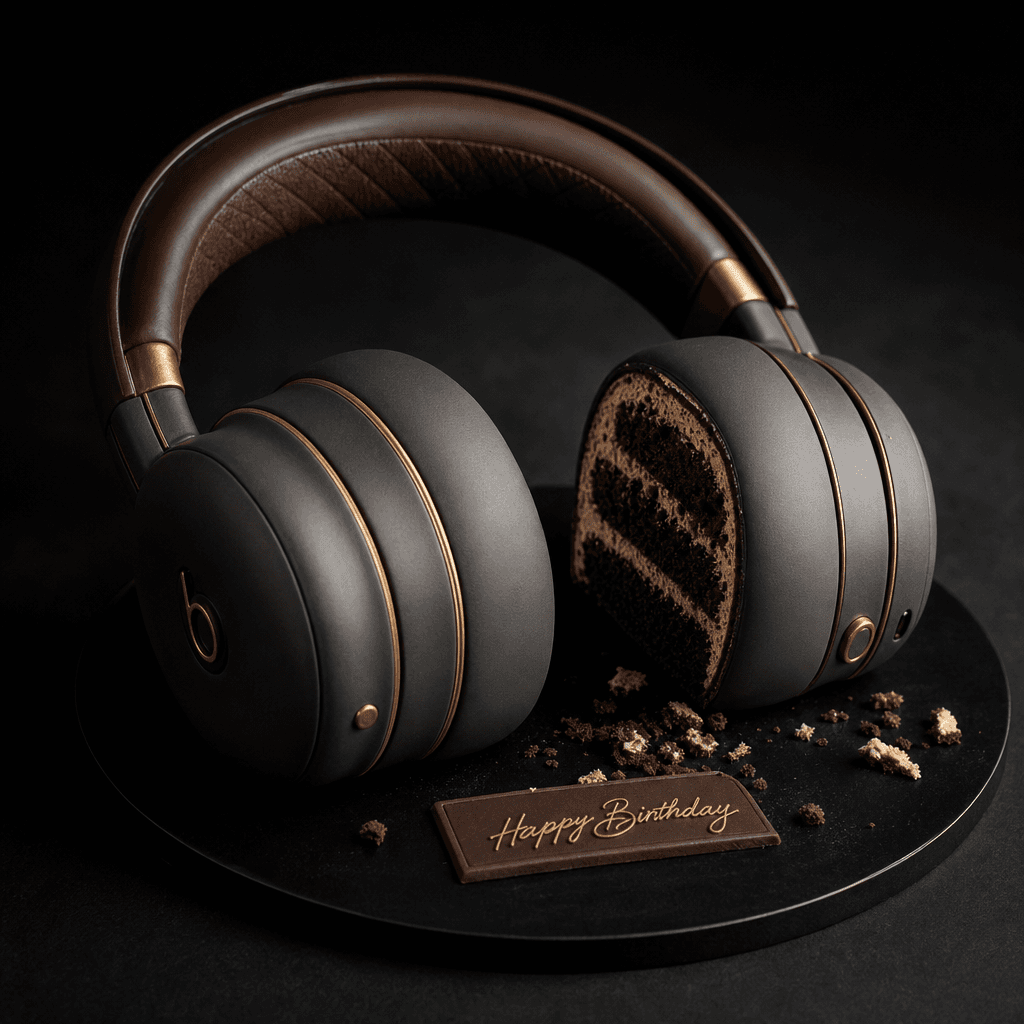A set of wireless over-ear headphones reimagined as a sculptural cake — the headband arch recreated in dark chocolate ga