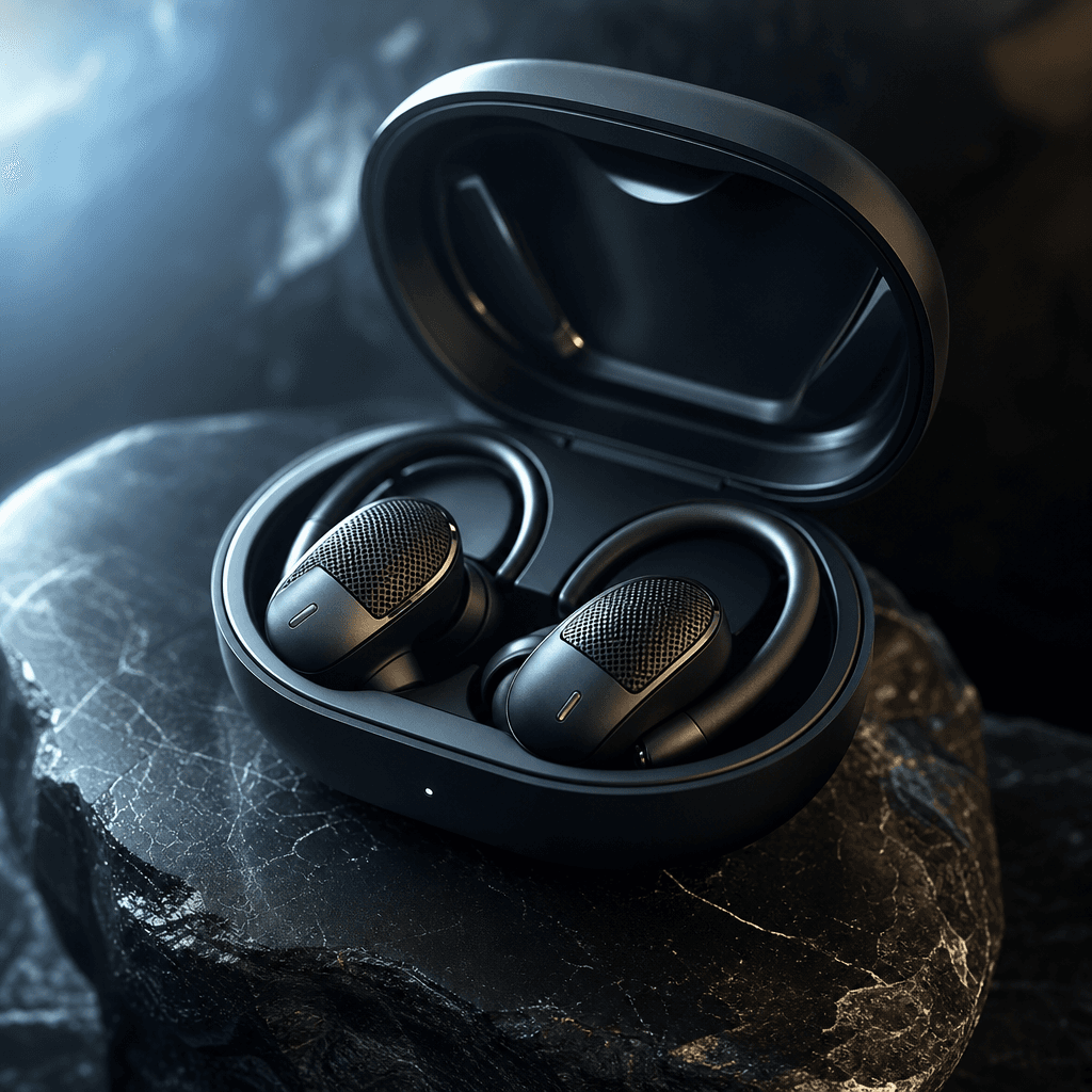 Cinematic product ad still: sleek wireless sports earbuds in an open charging case resting on polished dark stone, cool 