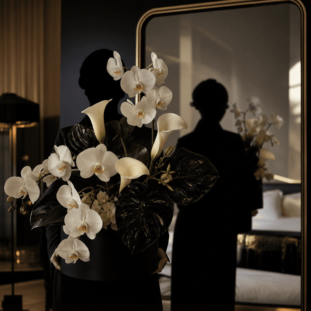 An elegant orchid and calla lily arrangement held before a smoked mirror in a boutique hotel room, person shown only as 