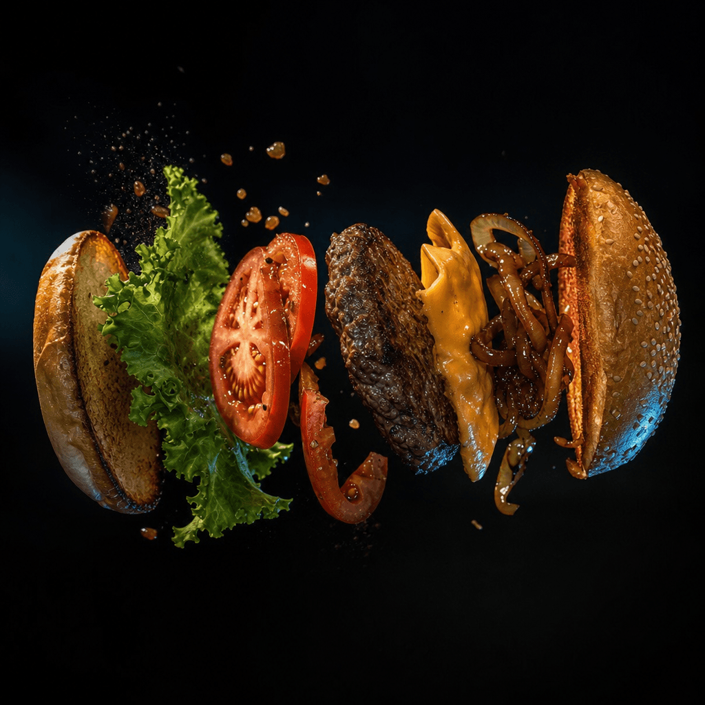 Side-angle cinematic food photograph: a gourmet artisan burger with patty, caramelized onions, lettuce, tomato, and chee