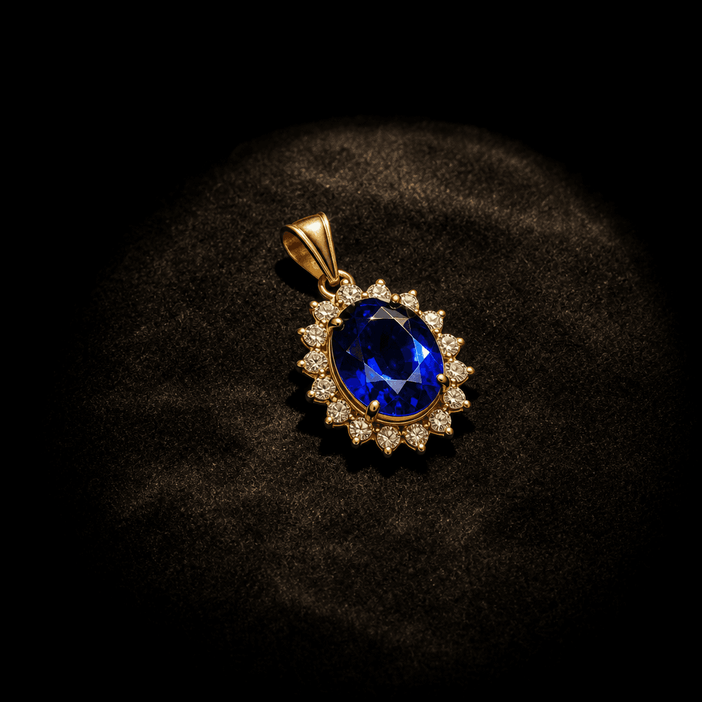 A gold and deep blue sapphire pendant resting on dark black velvet, lit by a single focused overhead spotlight creating 