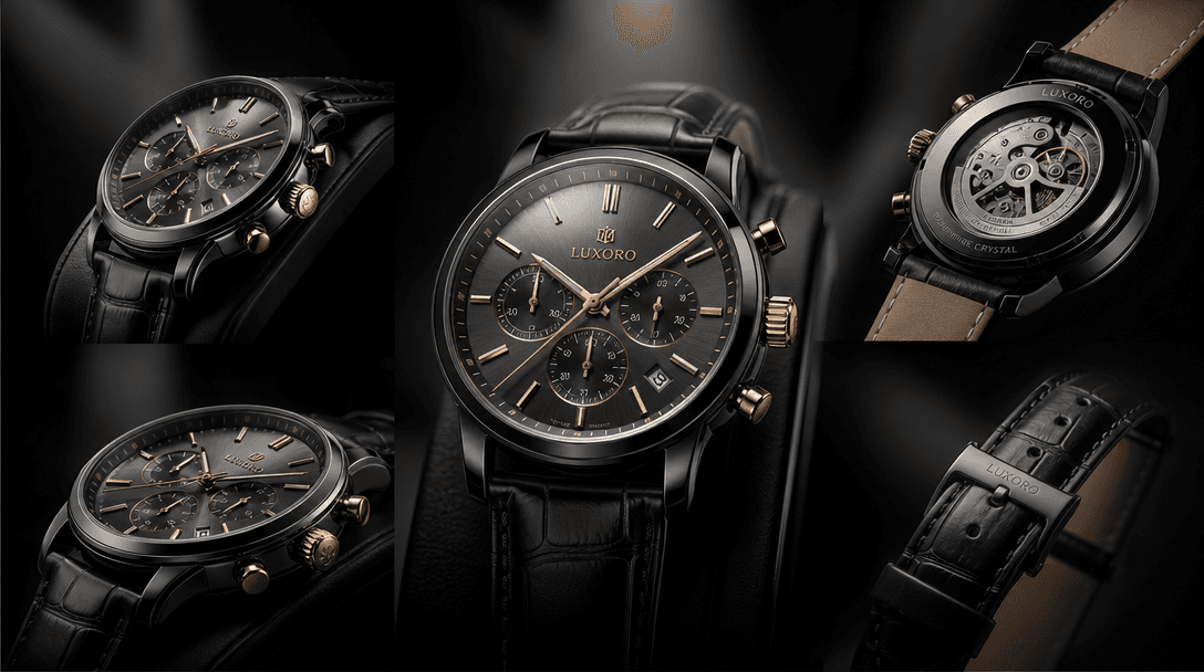 Luxury product displayed from multiple dramatic professional angles simultaneously, studio lighting intensifying, dark b