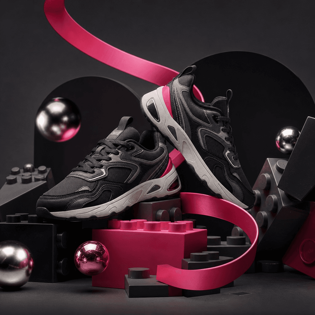 A pair of modern sneakers arranged inside a playful sculptural scene with oversized building blocks, metallic spheres, a