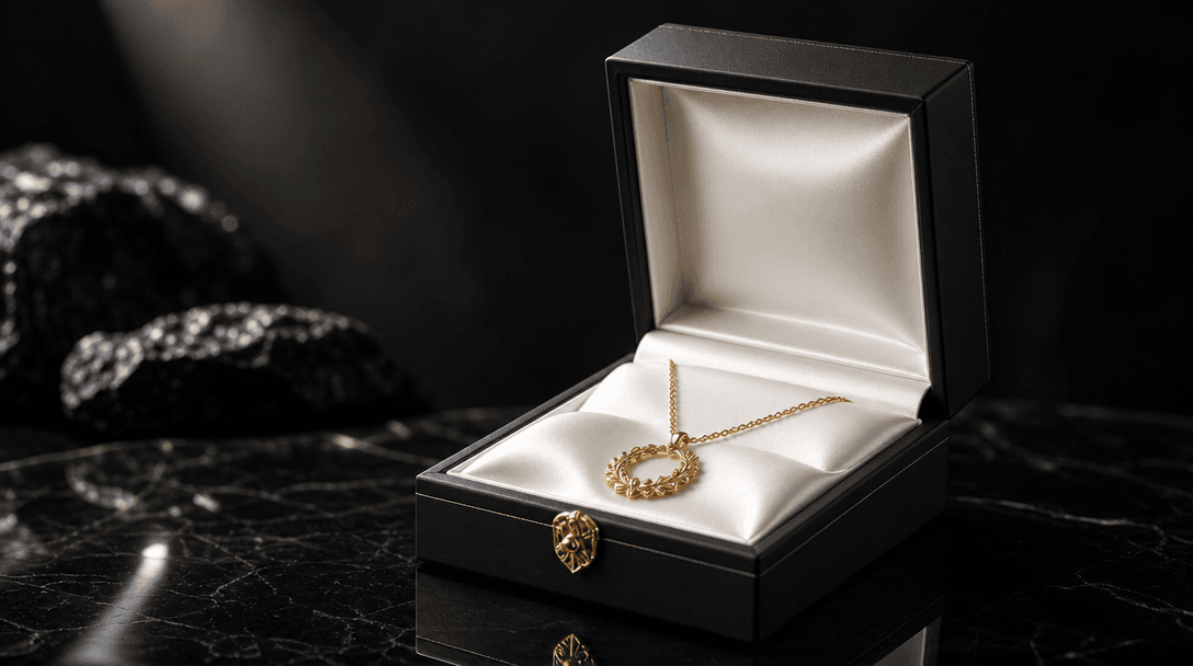 Matte black luxury jewelry box with gold foil detail rests on a polished obsidian surface, a soft directional spotlight 