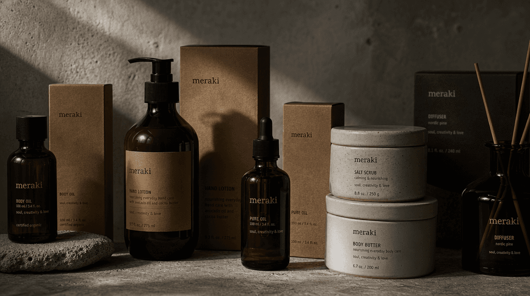 Editorial product arrangement: dark amber glass bottles, matte kraft boxes, and ceramic jars displayed on a textured con
