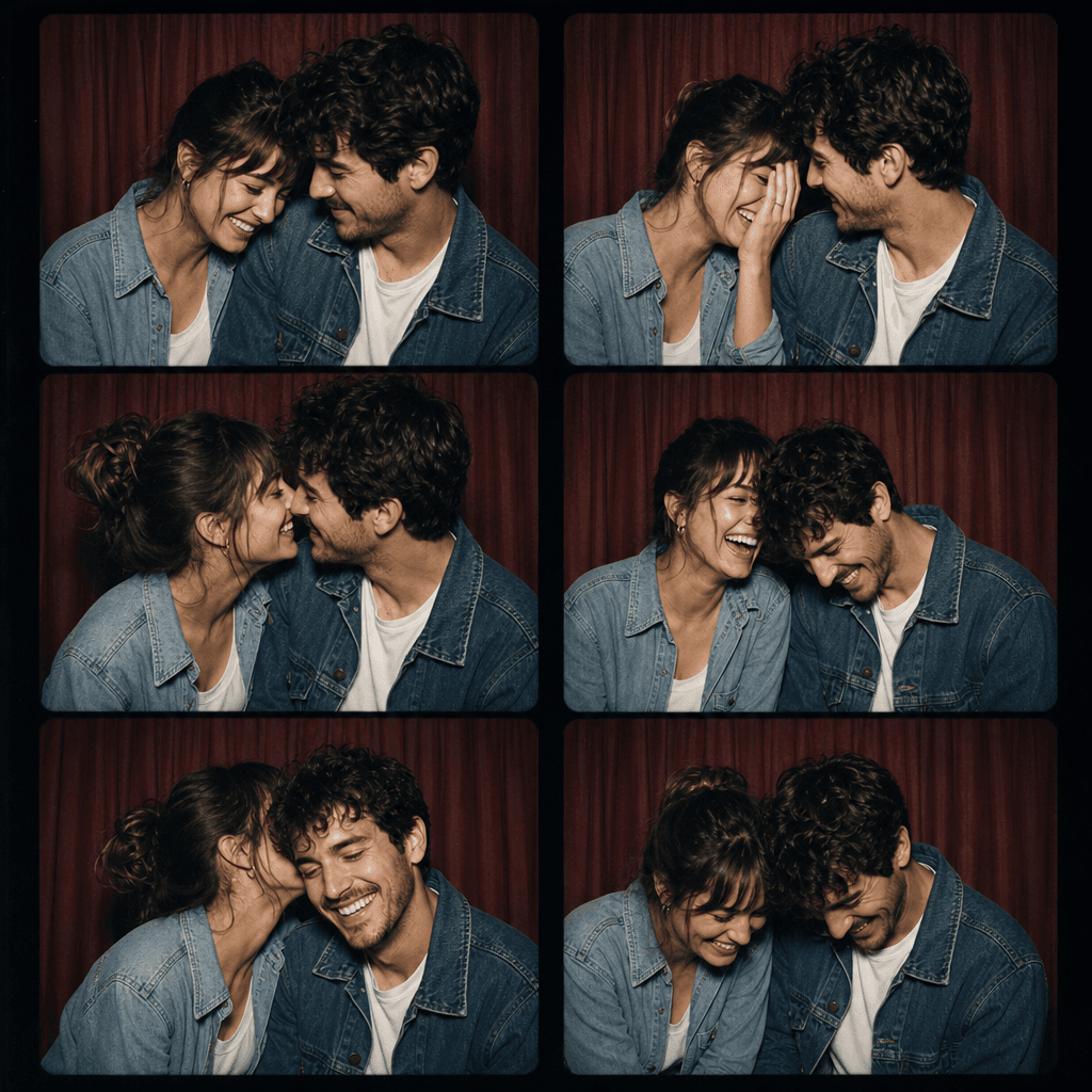 A six-shot photo booth strip showing an anonymous adult couple on a nostalgic date, wearing casual denim and neutral shi
