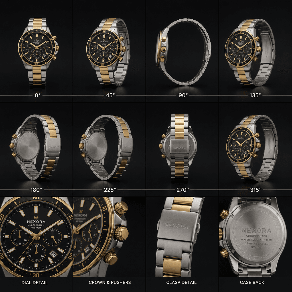 Complete 360° rotation of premium product, all details visible, high-quality video frame.