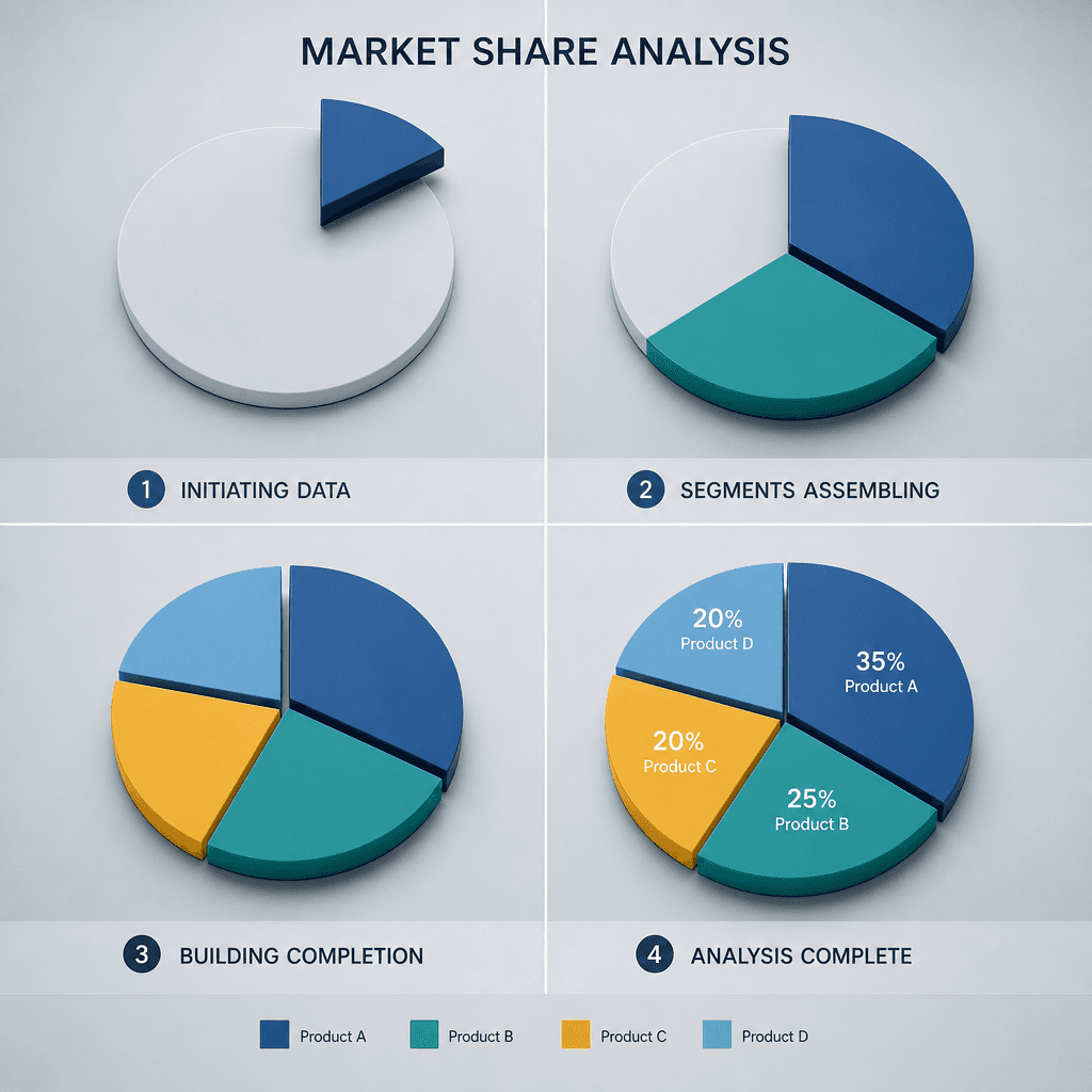 Pie chart segments assembling with smooth transitions, analytical style, professional color palette, studio lighting, sh