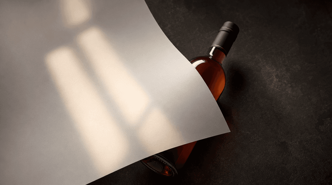 A single premium beverage bottle placed on a dark studio surface, partially covered by a white paper sheet. Soft warm wi