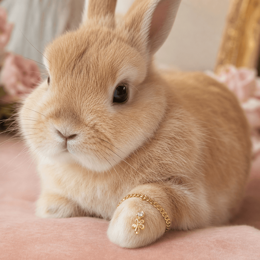 Gold bracelet on rabbit's paw, soft lighting, adorable pet product shot, professional styling, jewelry details prominent