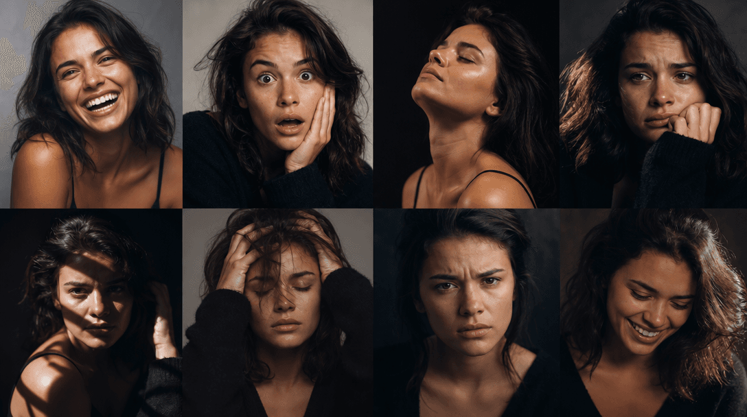 Multiple emotional moments captured—laughter, shock, vulnerability, intensity—professional studio lighting, authentic hu