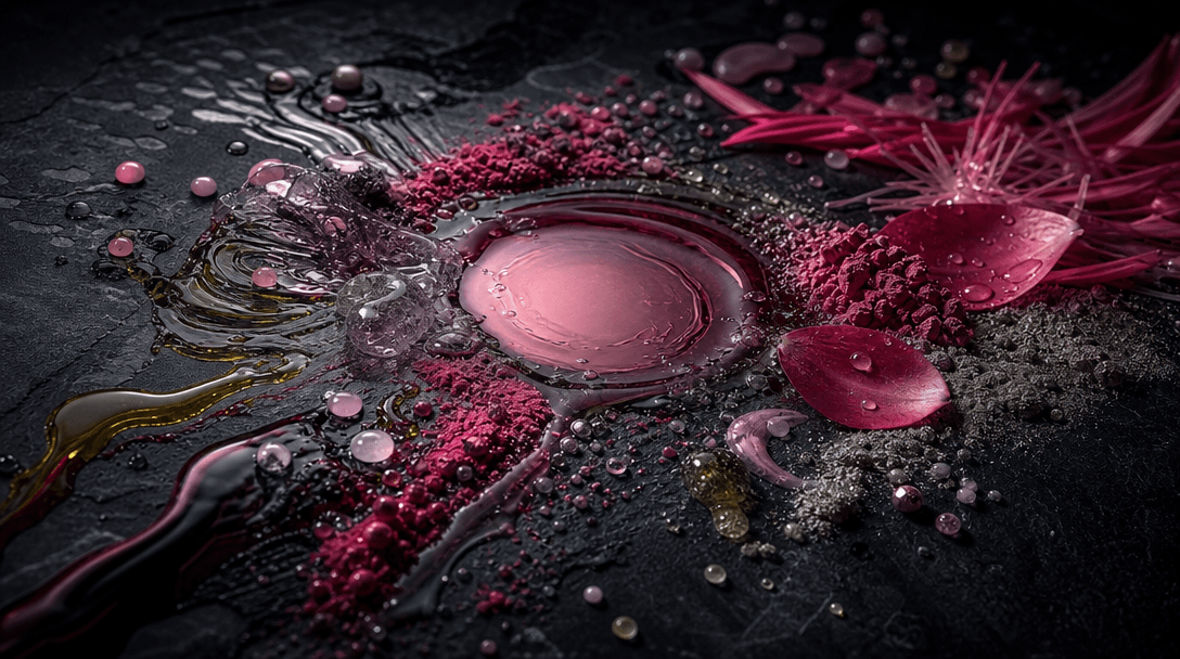 An abstract landscape of botanical oil, mineral powder, translucent gel, petals, and water droplets flowing toward a cen