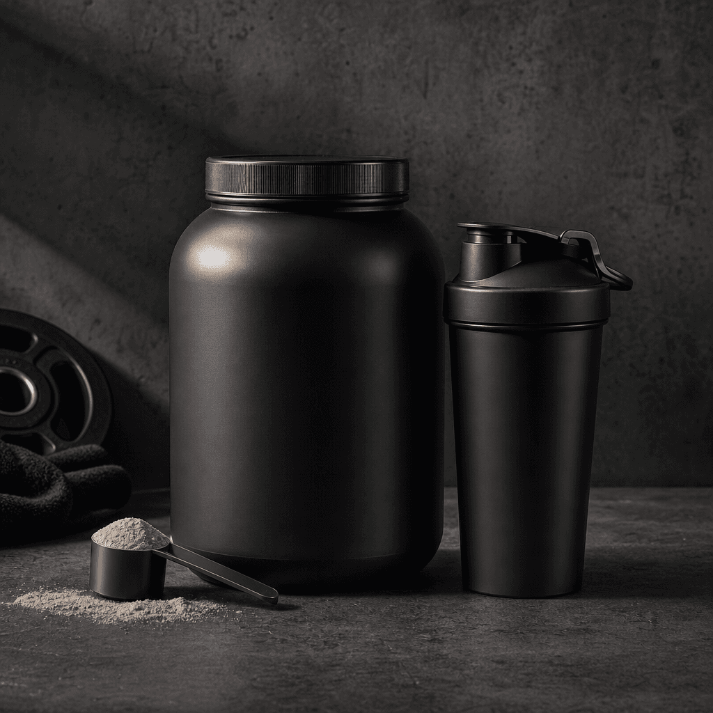 Square editorial product composition: a premium matte-black supplement tub and matching shaker arranged on a dark concre