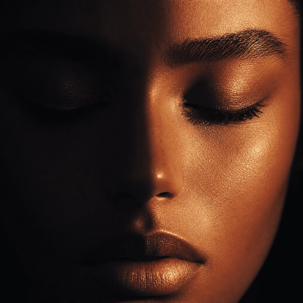 Close-up portrait editorial: dramatic split lighting on a face, one side illuminated warm amber, other side deep shadow,