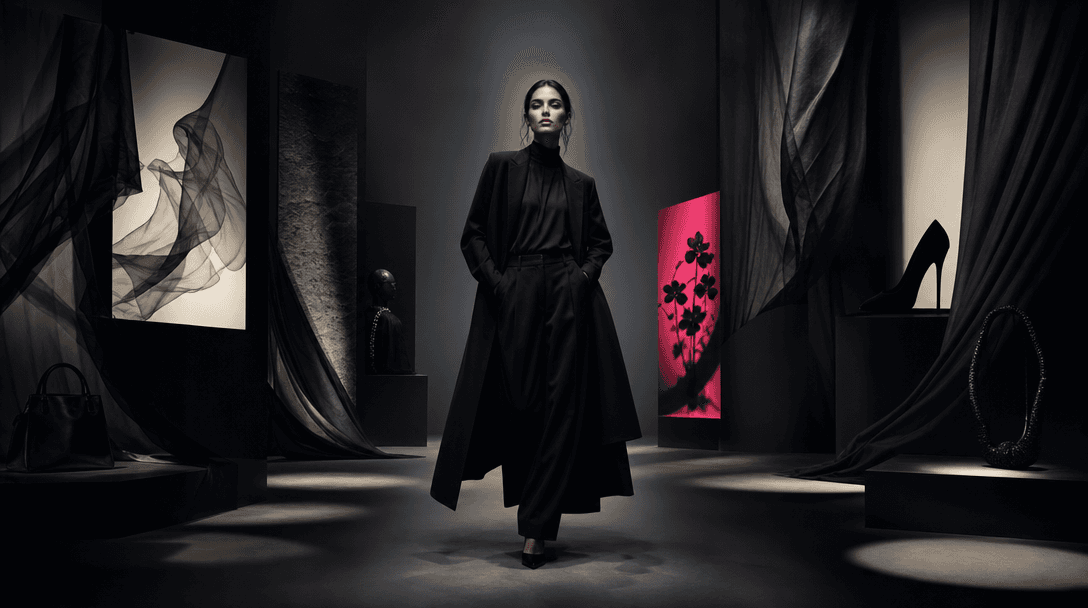 A complete black fashion look standing at the center of a dark editorial studio while fabric panels, accessory silhouett