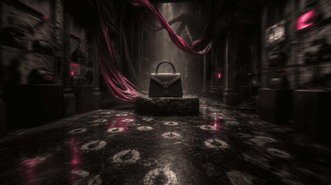An atmospheric luxury store aisle transformed by hoofprint patterns, drifting dust, fabric banners, and controlled motio