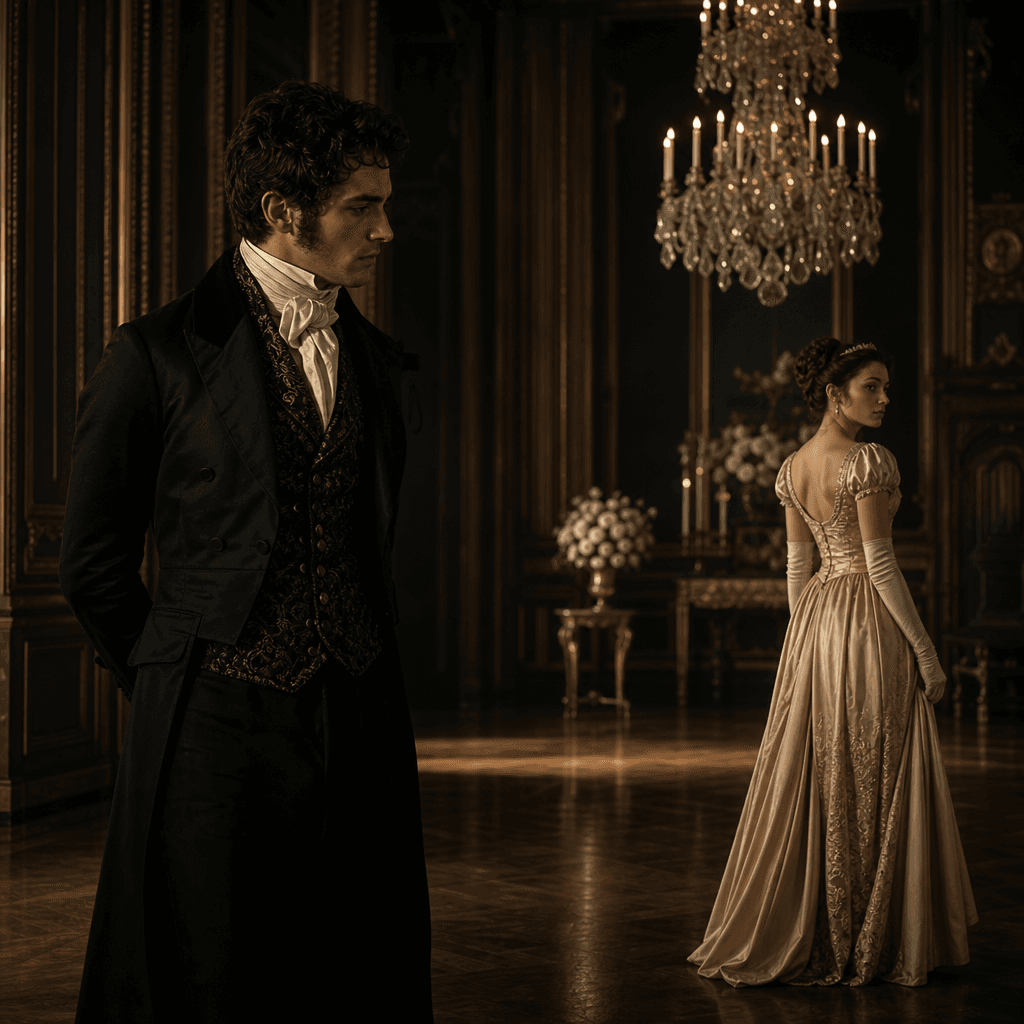 A fictional couple posed several feet apart in a grand Regency ballroom, emotional tension conveyed through posture and 