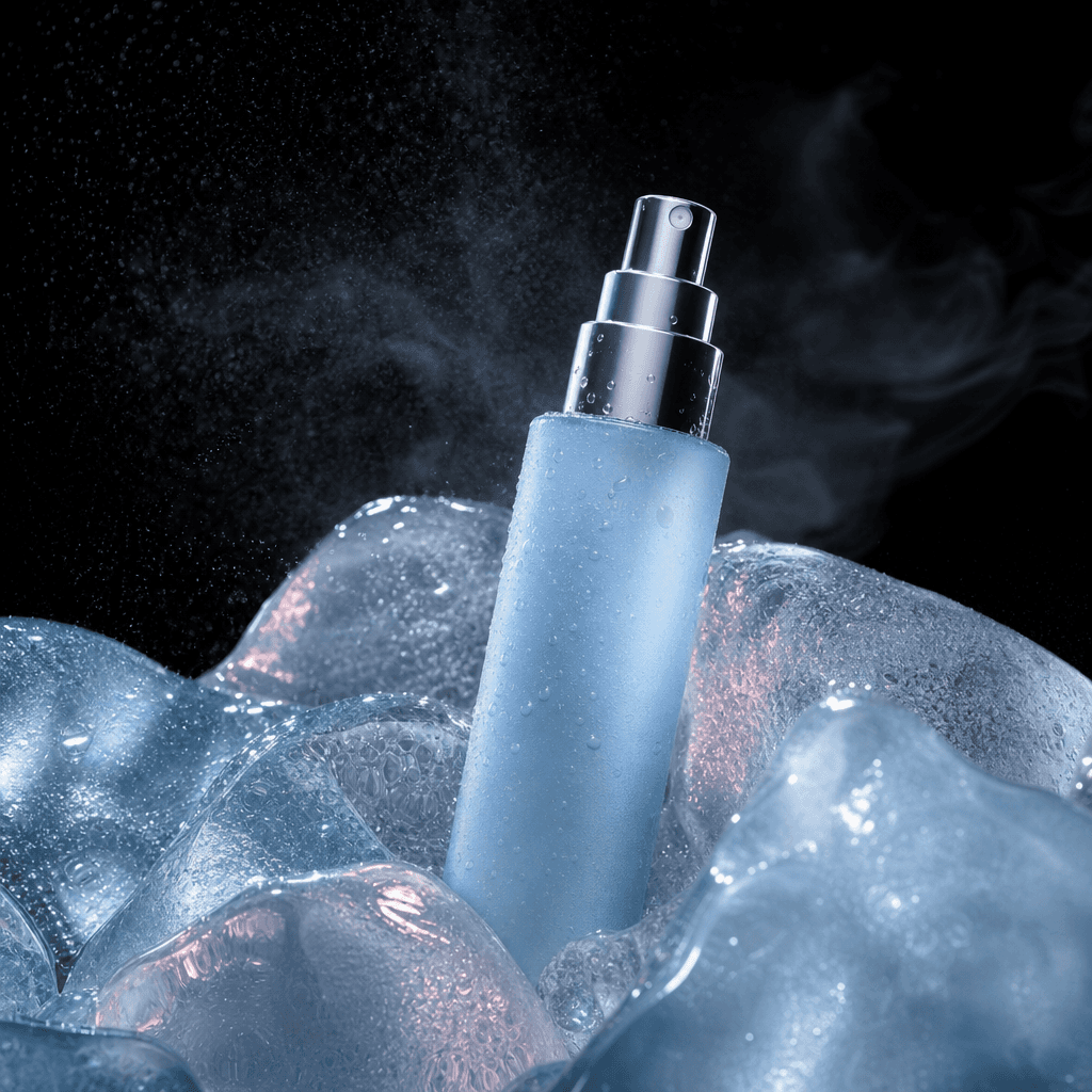A pale blue facial mist bottle emerging from a cluster of rounded ice forms and sparkling droplets, frozen atmosphere wi