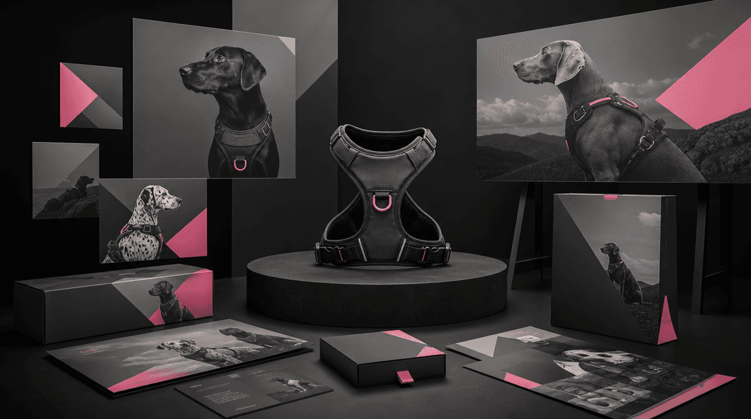 A premium pet product centered on a dark platform while square campaign images, printed cards, packaging surfaces, and b