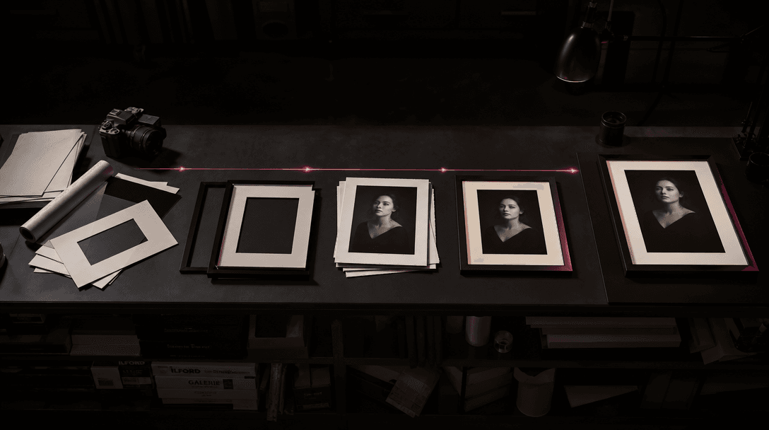A precise arrangement of blank photographic frames and finished portrait prints moving from scattered raw materials into