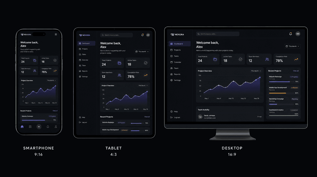 Split-screen composition displaying same sleek interface across three device frames: smartphone (9:16), tablet (4:3), an