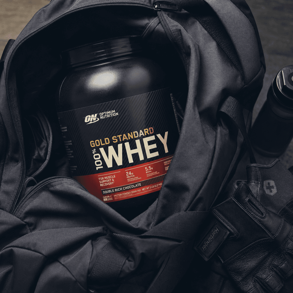 Protein supplement tub nestled in an open gym bag with workout gloves resting nearby, overhead flat-lay angle, cool athl