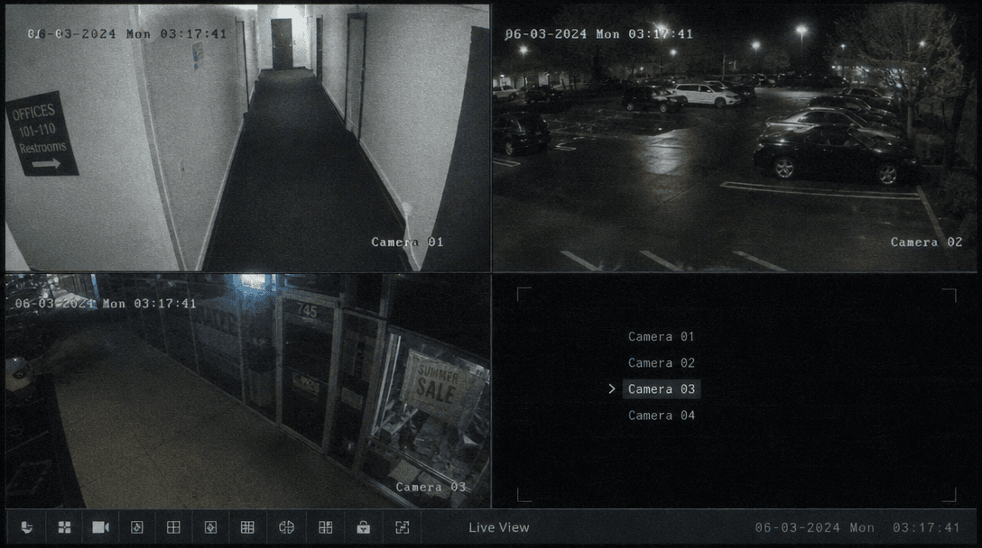 Transition between multiple security camera perspectives (office hallway, parking lot, storefront), each with glowing ti