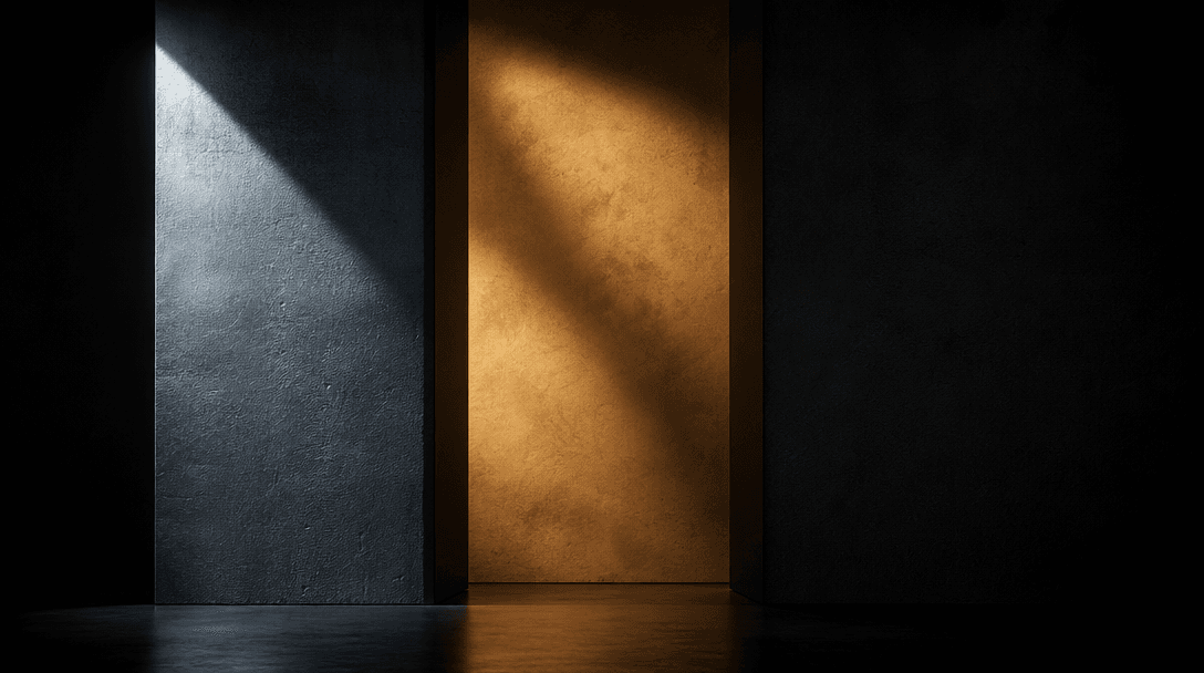 Abstract minimal editorial image: three precisely defined vertical rectangular zones of light and deep shadow on a near-