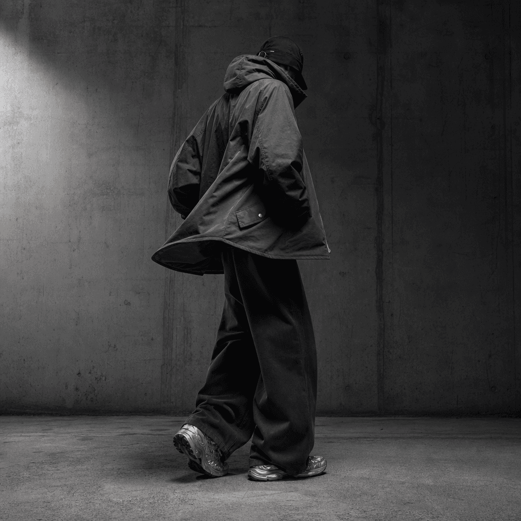 Editorial streetwear try-on portrait of an anonymous model turning in an oversized charcoal jacket, wide-leg trousers, a