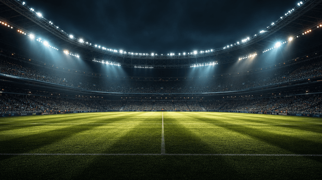 Professional broadcast stadium lighting rig creating dramatic shadows and highlights on grass surface. Depth and dimensi