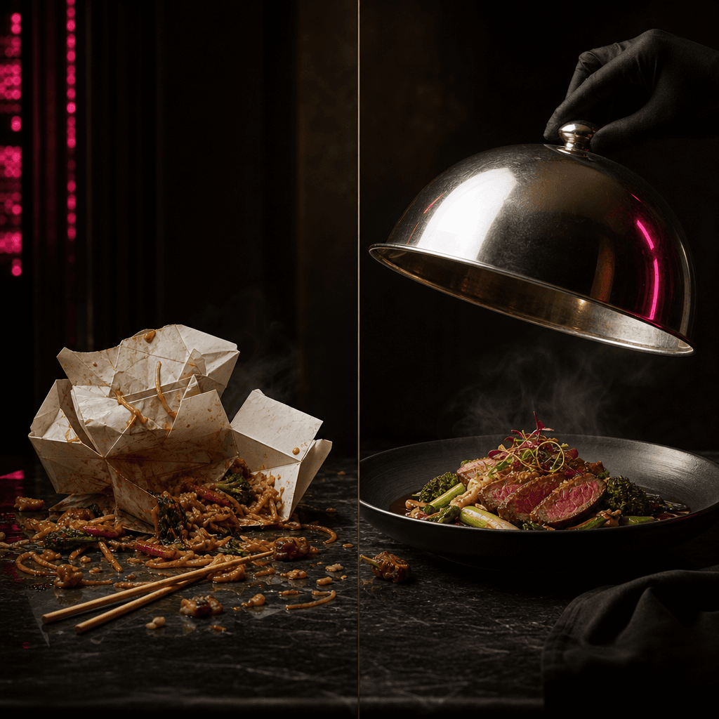 A visual comparison ad for meal delivery: a crushed takeaway box with scattered ingredients opposite a beautifully plate