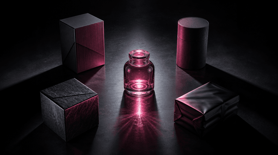 Four distinct unbranded product packages arranged around one luminous glass jar, each casting a different dramatic shado
