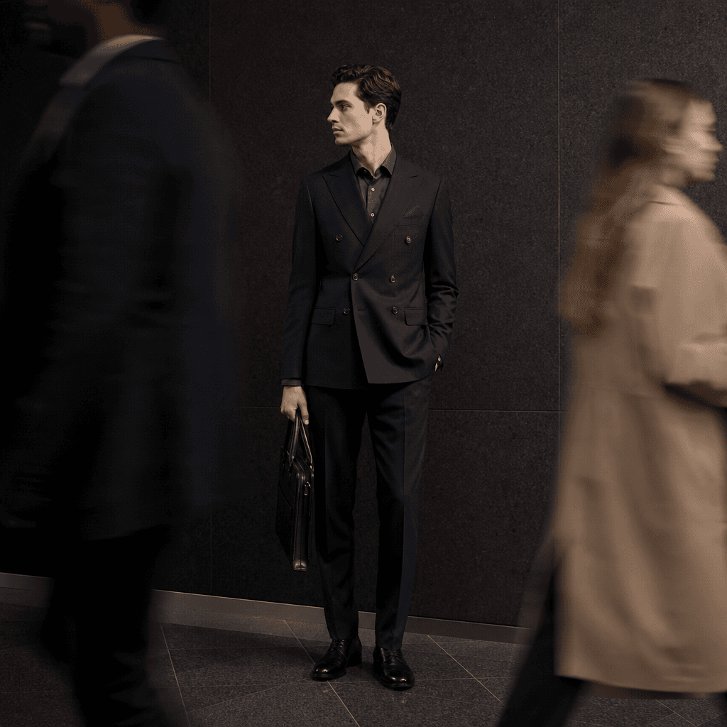 Minimal tailored suit revealed between two blurred commuters crossing a polished station corridor, dark editorial palett