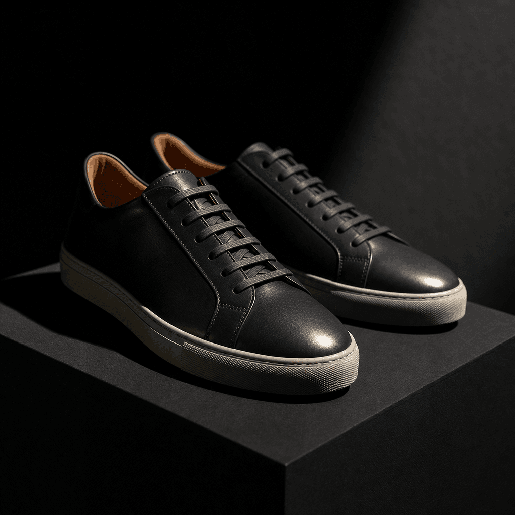 A pair of minimalist leather sneakers arranged on a dark matte plinth, dramatic lateral studio light sculpting leather t