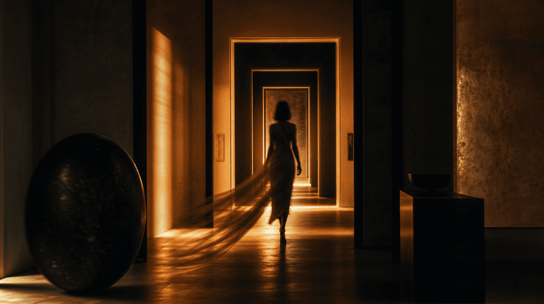 Abstract cinematic scene of a model's silhouette moving gracefully through a sequence of luminous doorways inside a luxu