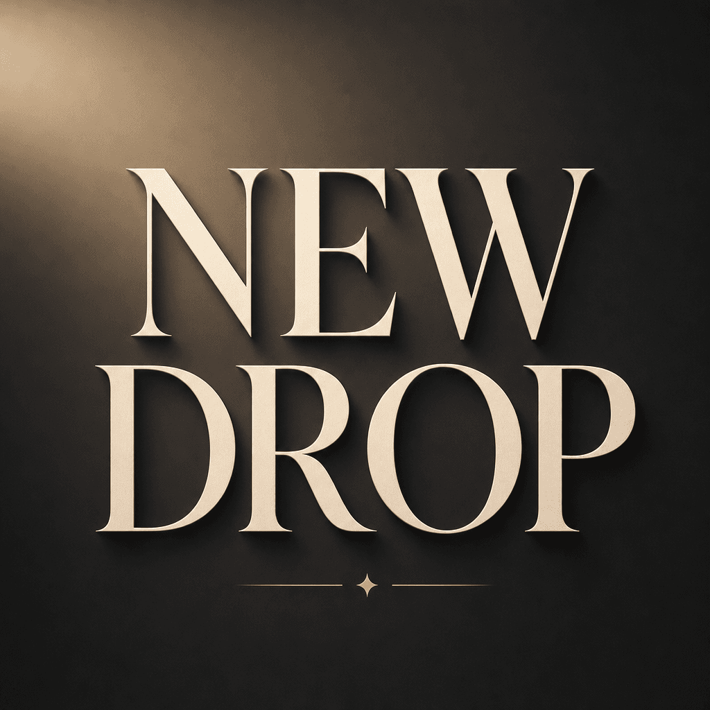 Typography poster showing 'NEW DROP' in elegant serif font, cream text with soft shadows, dark smooth gradient backgroun
