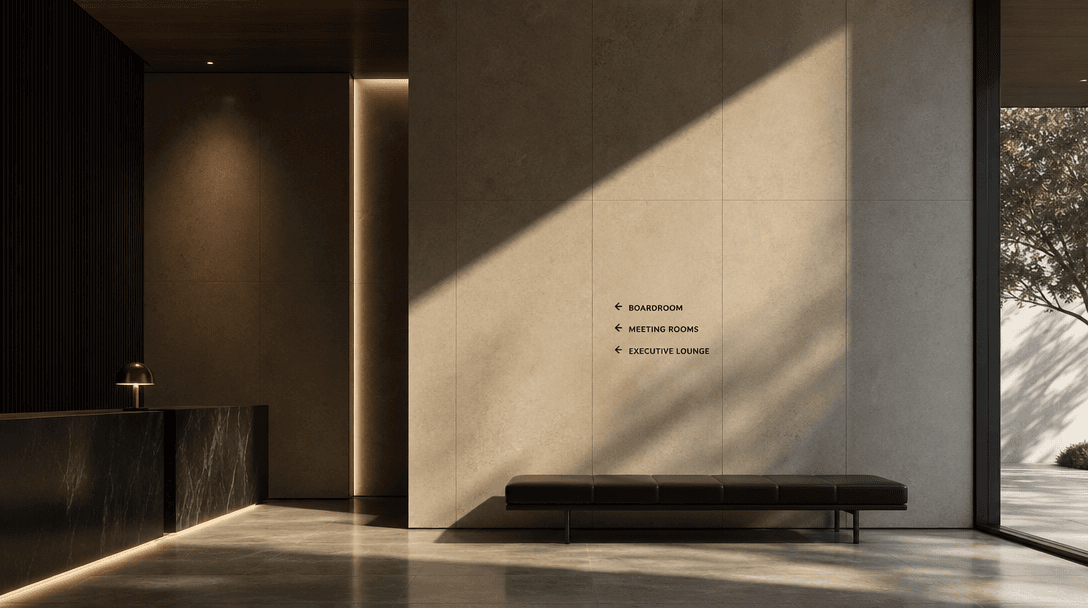 Architectural interior with dramatic spotlight casting clean shadow lines. Minimalist composition, luxury corporate spac