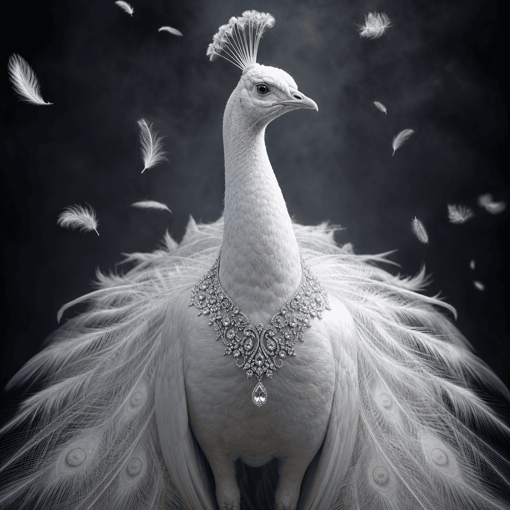 An elegant white peacock wearing a delicate diamond and platinum collar, posed against a charcoal studio backdrop with s