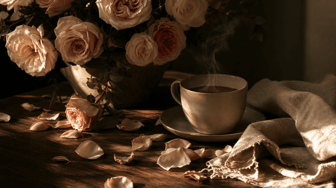 An atmospheric still life expressing the emotional warmth of flowers: loose rose petals, coffee steam, folded linen, and