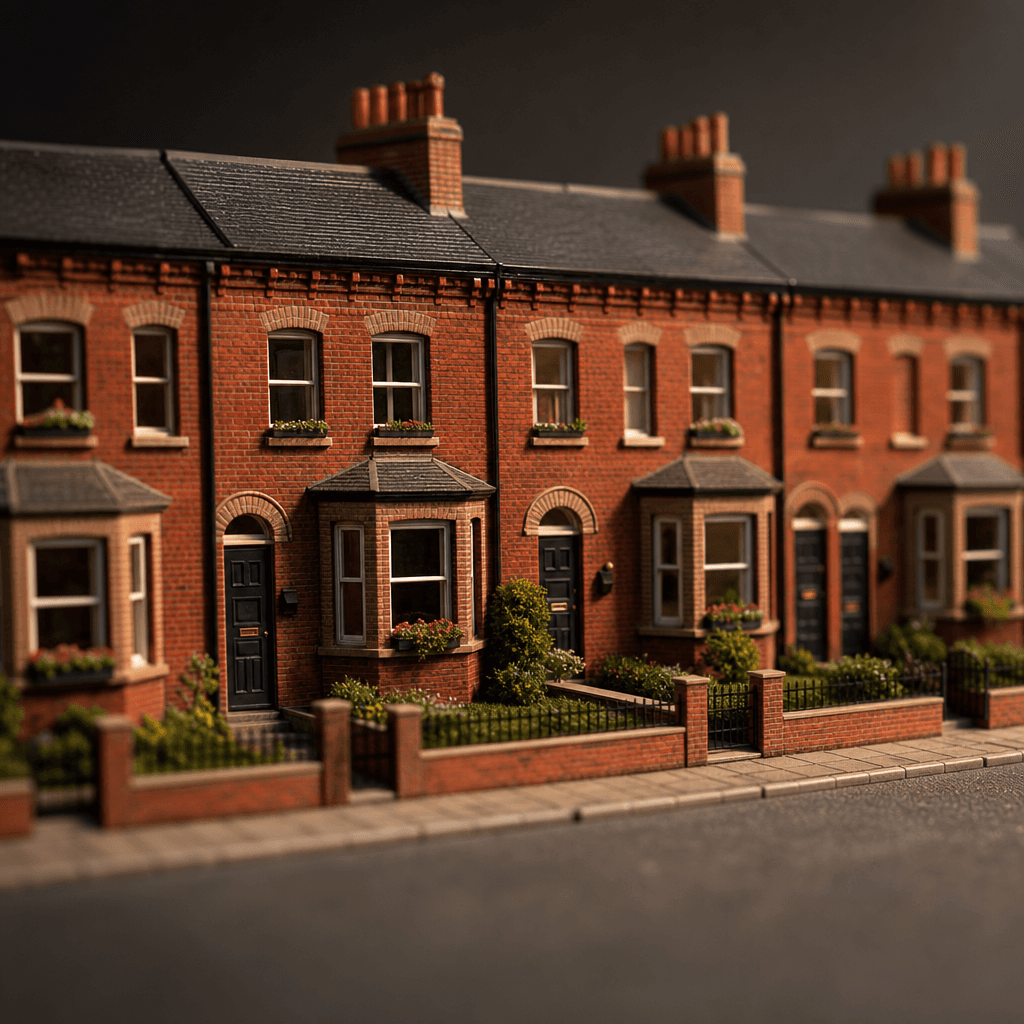 Street-level photograph of a red-brick Victorian terrace transformed into a pristine scale model. Perfect tilt-shift bok