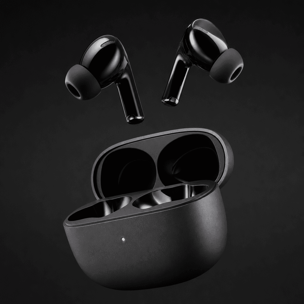 Compact true-wireless earbuds with charging case open, both components floating at offset heights against a charcoal gra