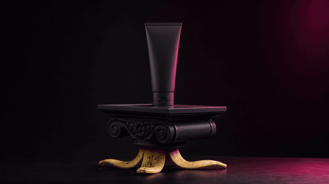 A surreal banana peel resting beneath an immaculate luxury pedestal that supports a beautifully lit anonymous product si