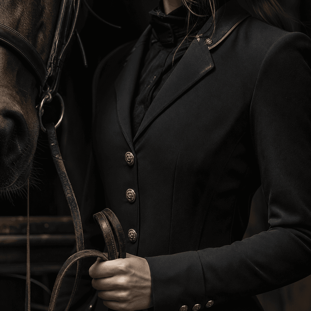Close cinematic portrait of an anonymous equestrian subject holding worn leather reins, horse muzzle entering the edge o