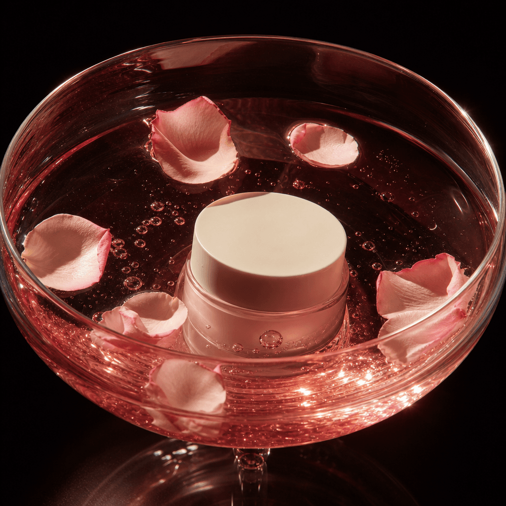A minimalist skincare jar resting beneath the surface of translucent pink rosé in a broad glass bowl, floating rose peta