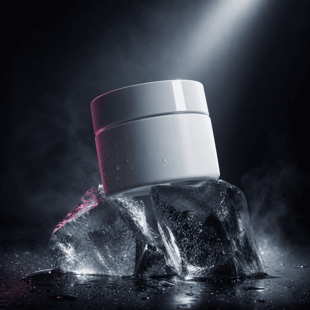 A minimalist white moisturizer jar balanced on angular melting ice cubes, glossy lid catching a narrow beam of light, co